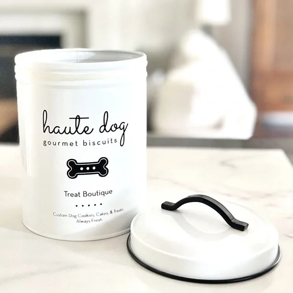 ENAMELED DOG TREAT METAL CANISTER BLACK WHITE HAUTE DOG BONE GRAPHICS IN… - Picture 2 of 12